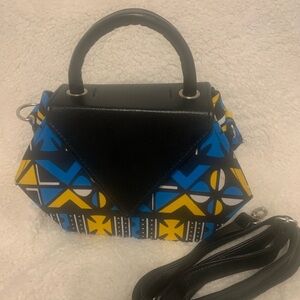 YEYA African Print Structured Top-Handle Bag in Blue, Yellow, Black & White